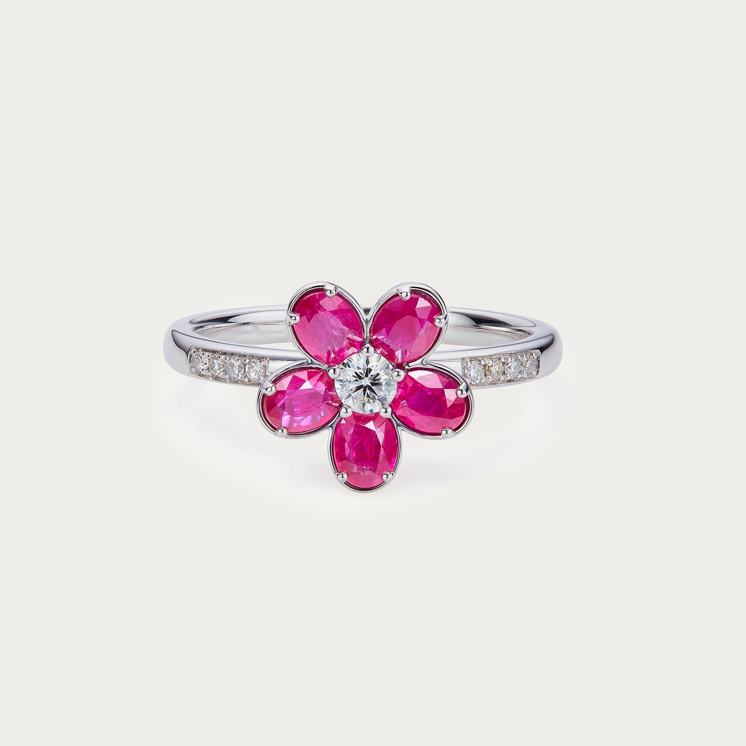 Pure Bloom flower ring with Burmese ruby center stone in 18K white gold