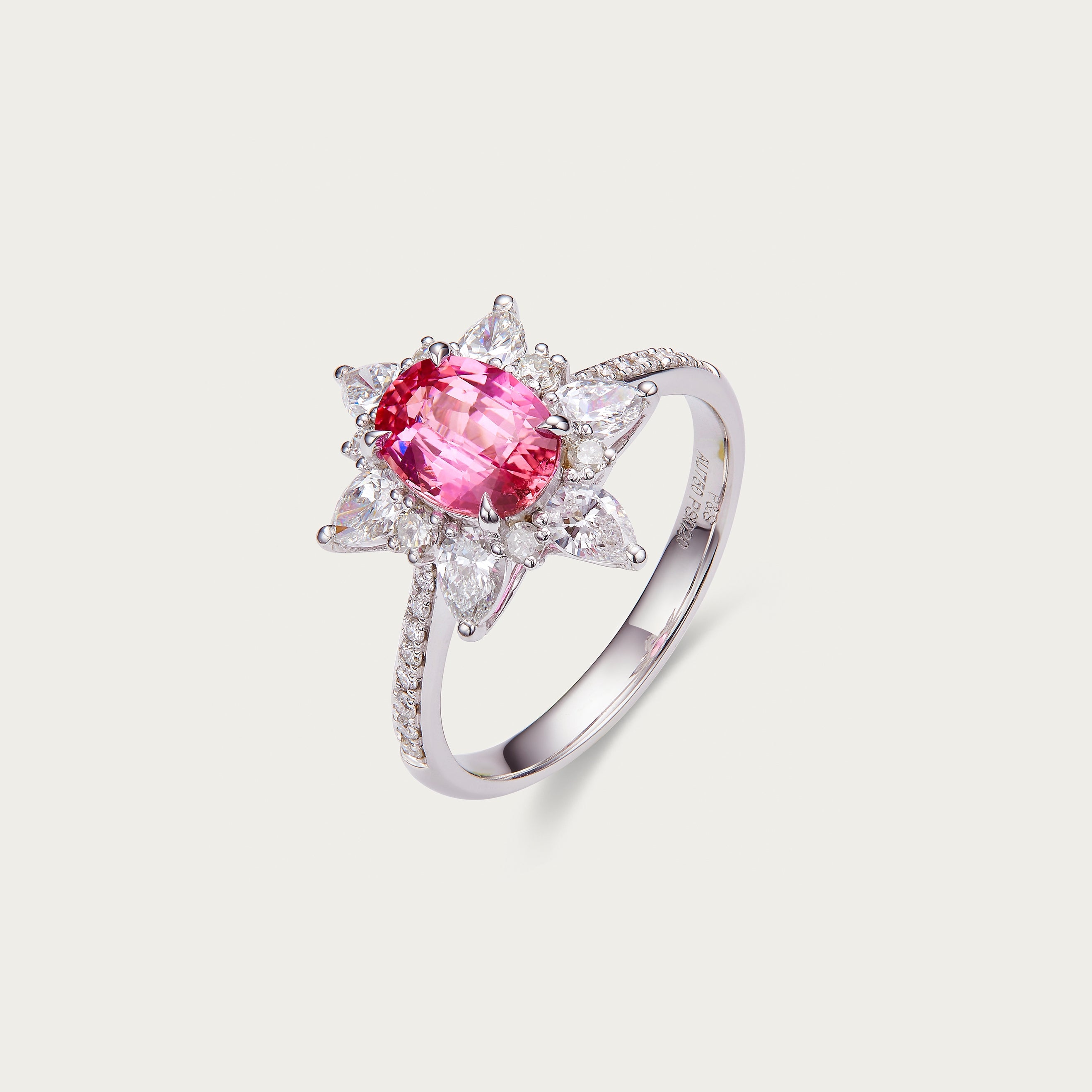 Detail of pink sapphire and diamond bloom setting in Rainbow Blossom ring