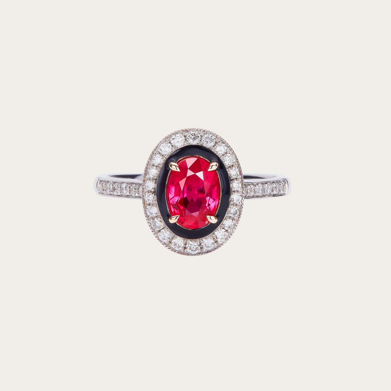 Galaxy Orbit ring with Burmese ruby center stone and diamond halo in 18K white gold