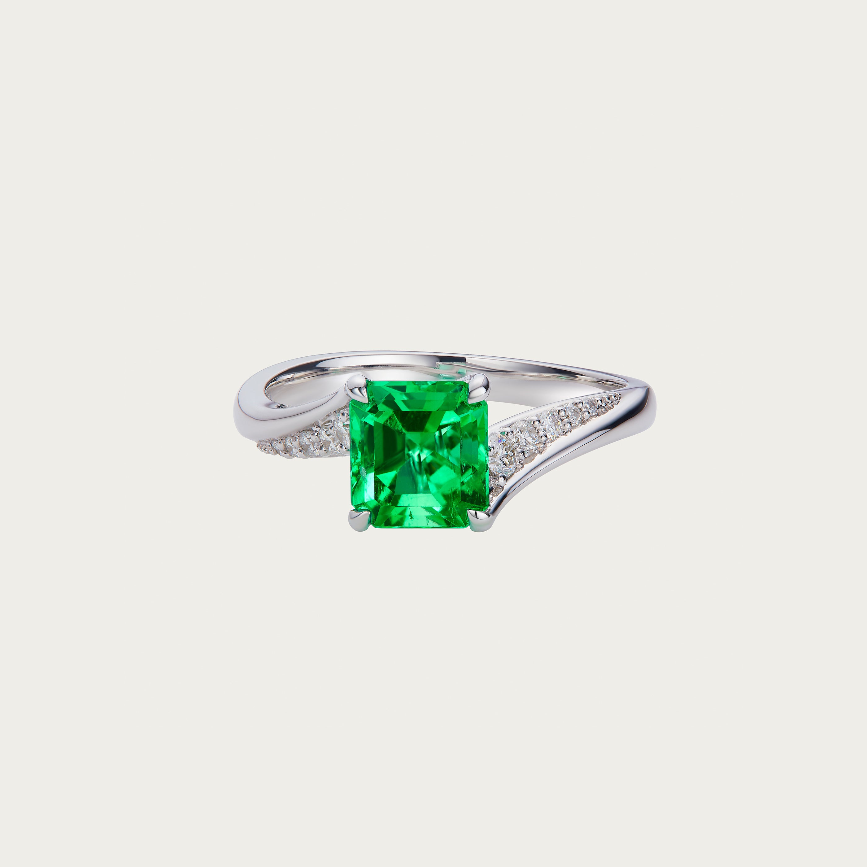 Aurora Arc — No-Oil Colombian Emerald Ring, 18K White Gold