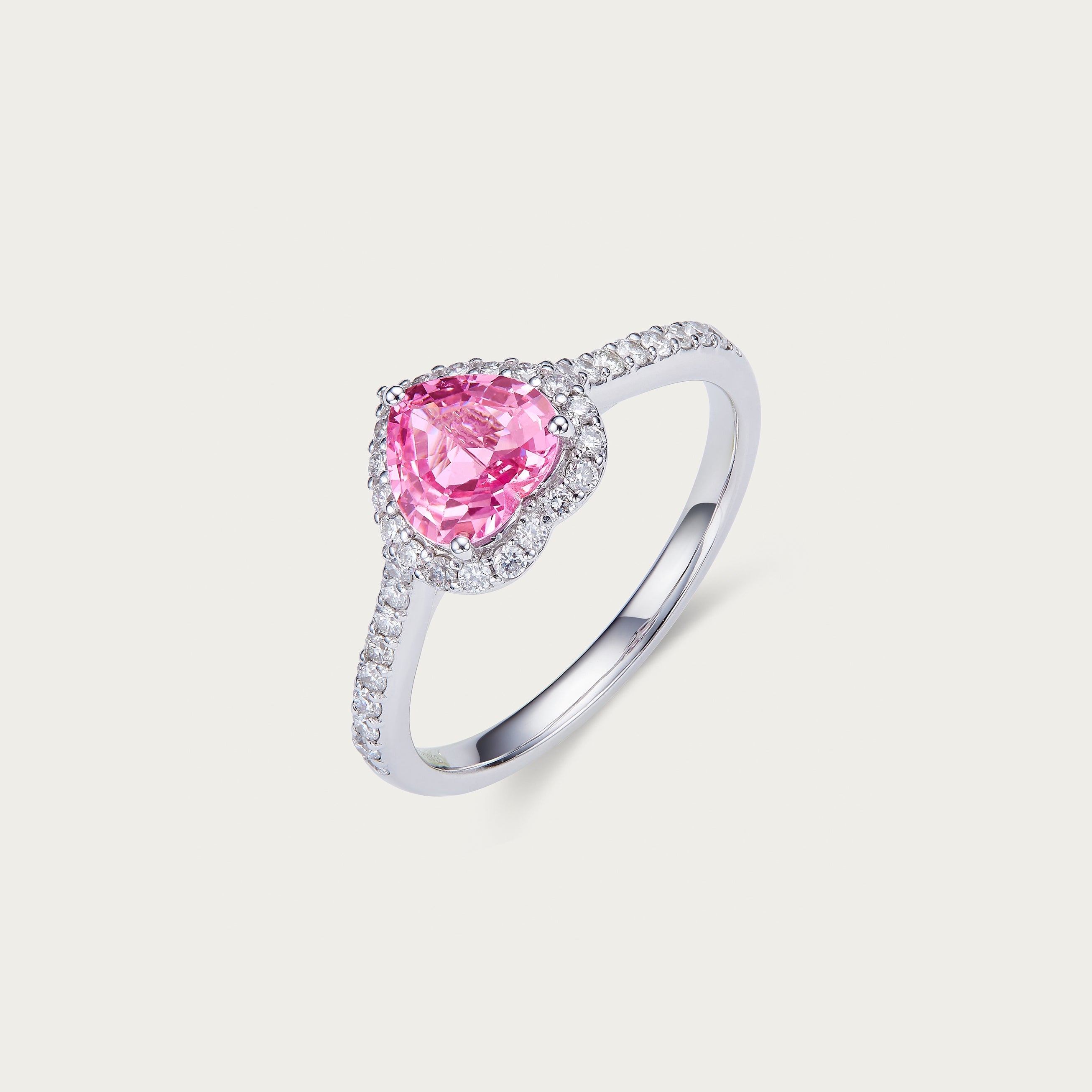Detail of heart-shaped pinkish purple sapphire in Rainbow Heart ring