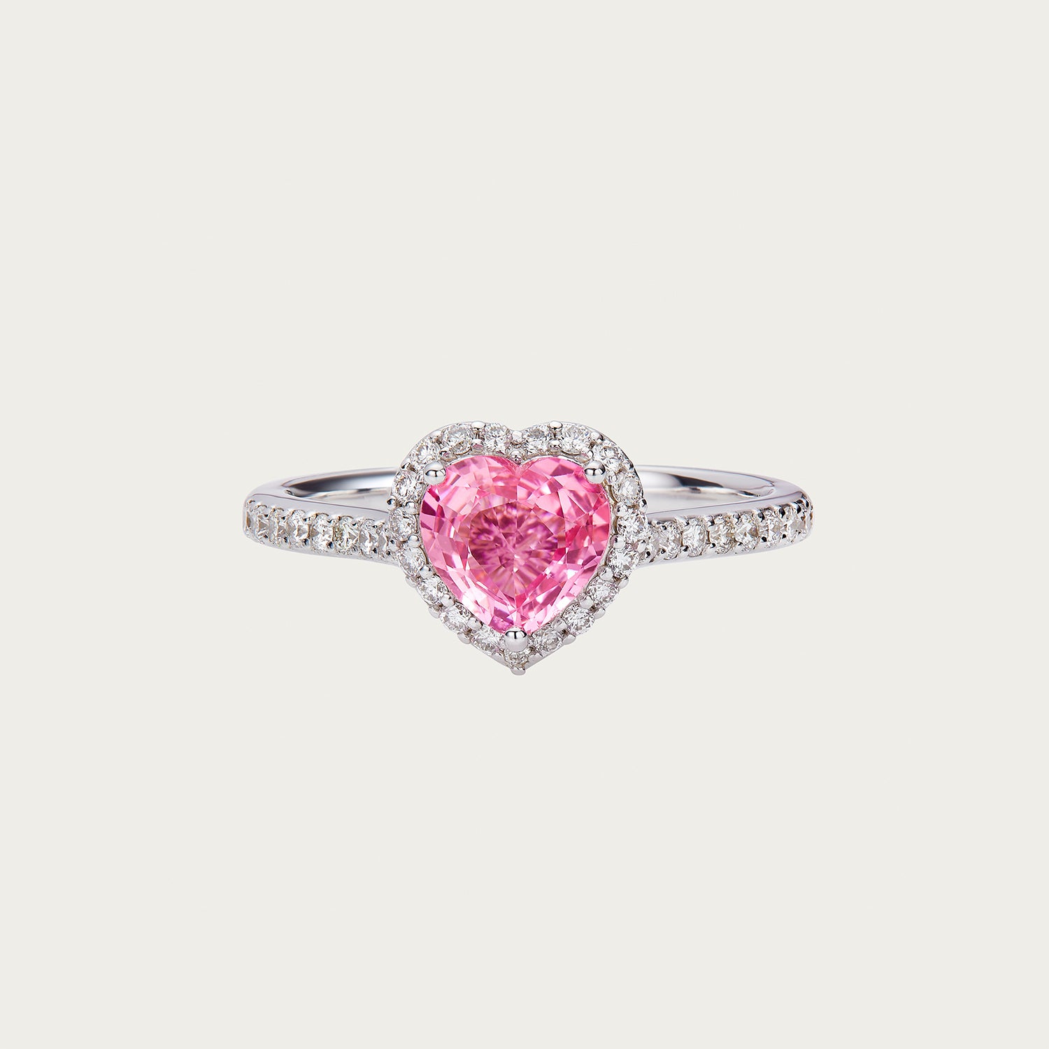 Rainbow Heart ring with heart-shaped unheated pinkish purple sapphire and diamonds