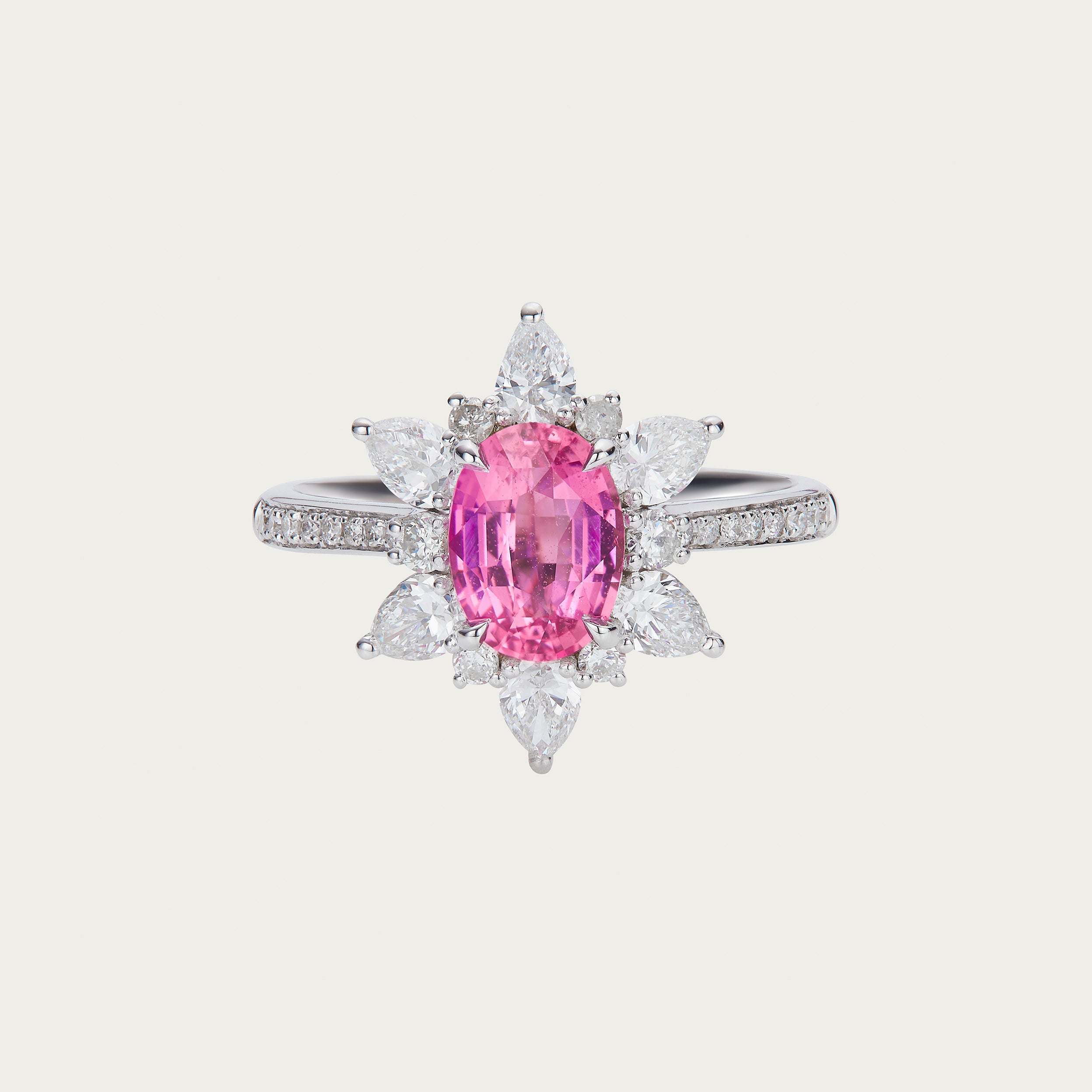Rainbow Blossom ring with unheated peach blossom pink sapphire and diamond bloom setting
