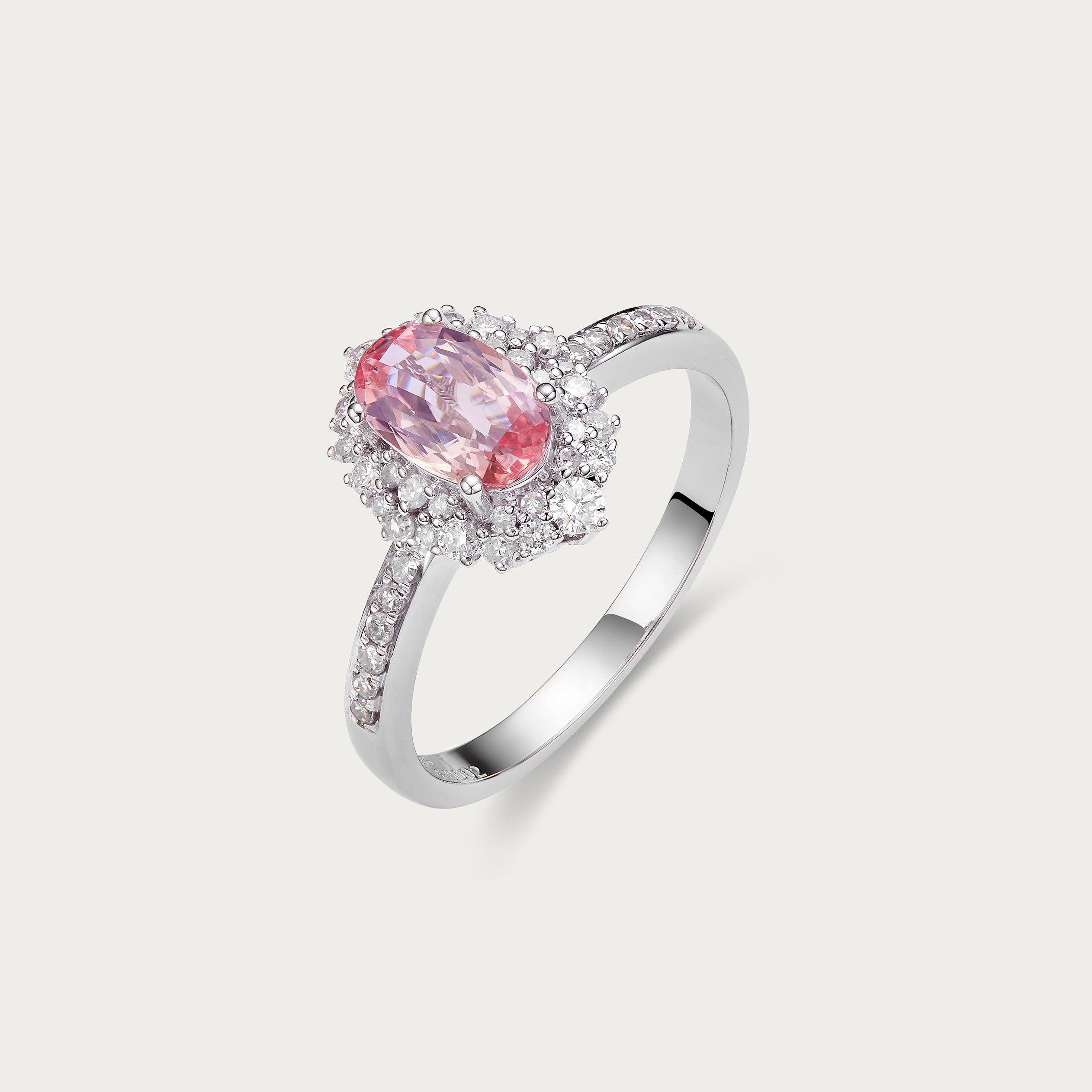 Side view of Padparadscha sapphire center stone in Galaxy Light ring