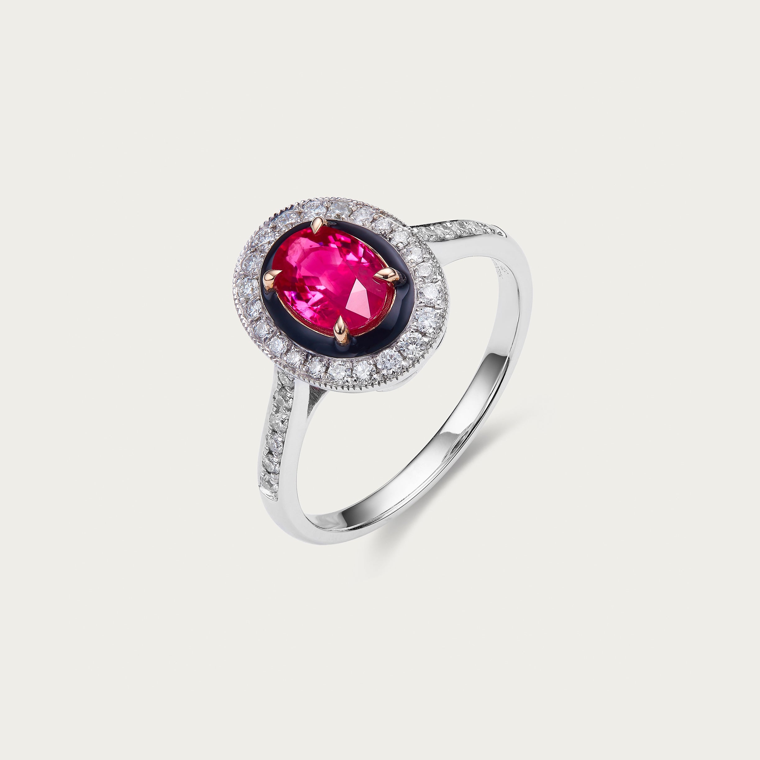 Side view of ruby and diamond halo in Galaxy Orbit ring