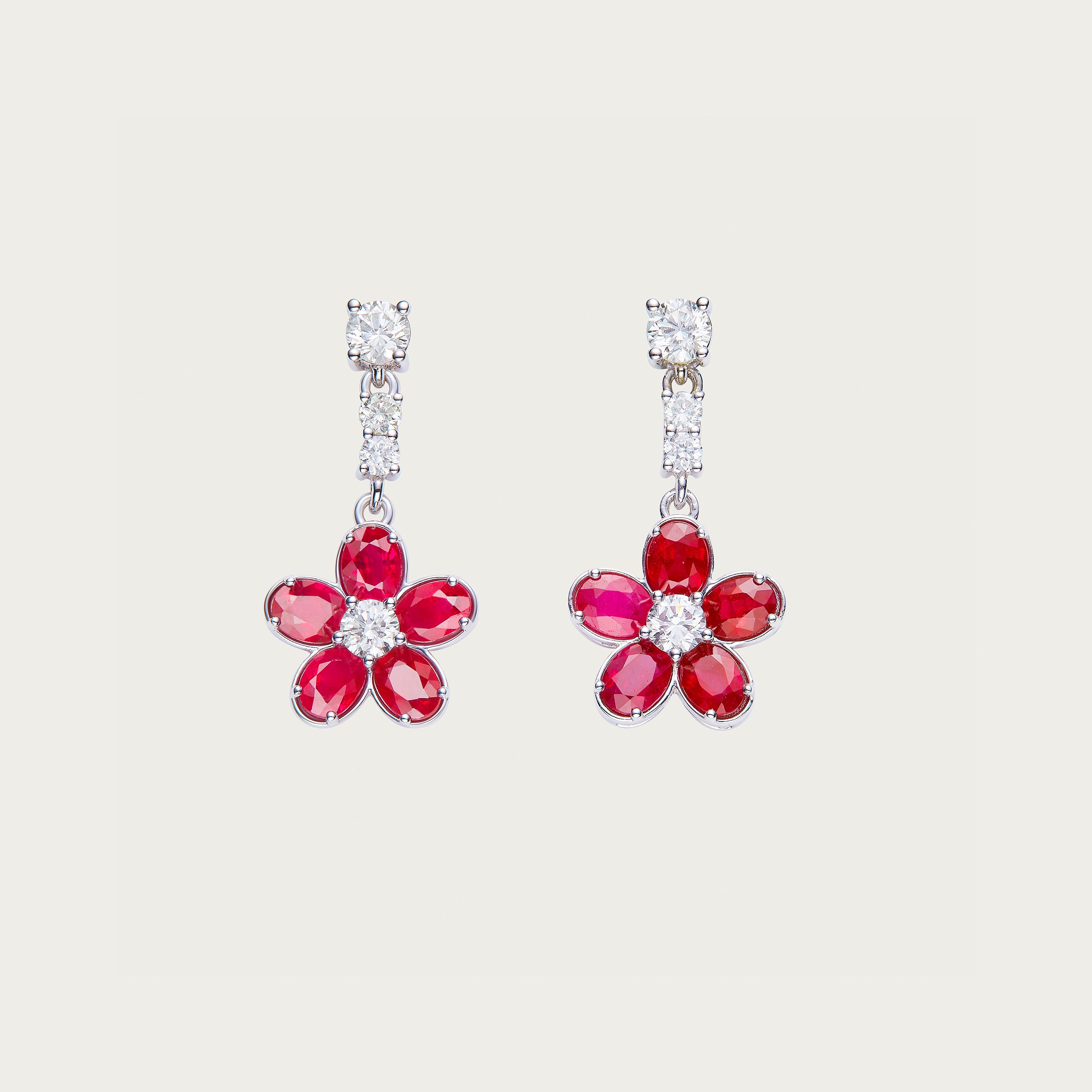 Pure Bloom flower earrings with Burmese ruby center stones in 18K white gold