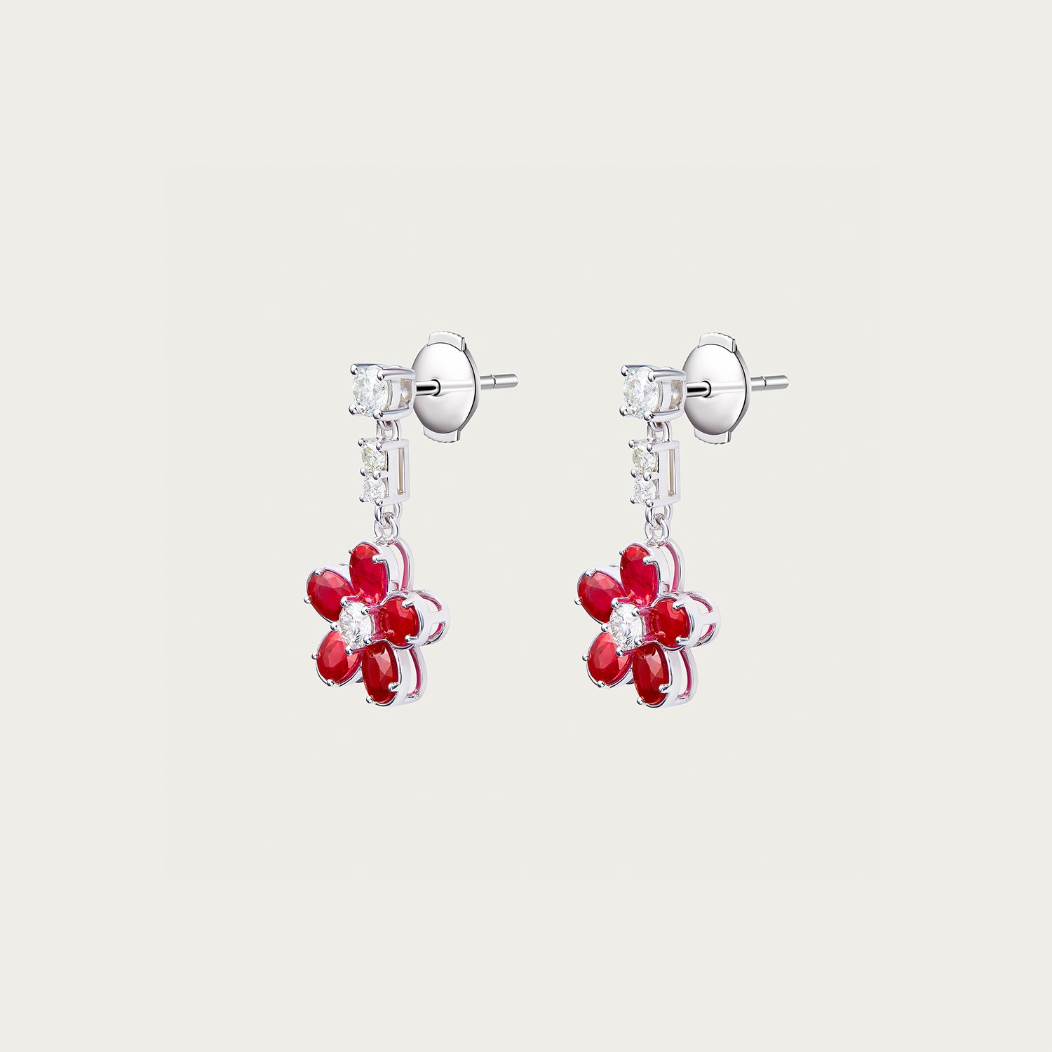 Close-up of ruby flower earrings from Pure Bloom collection