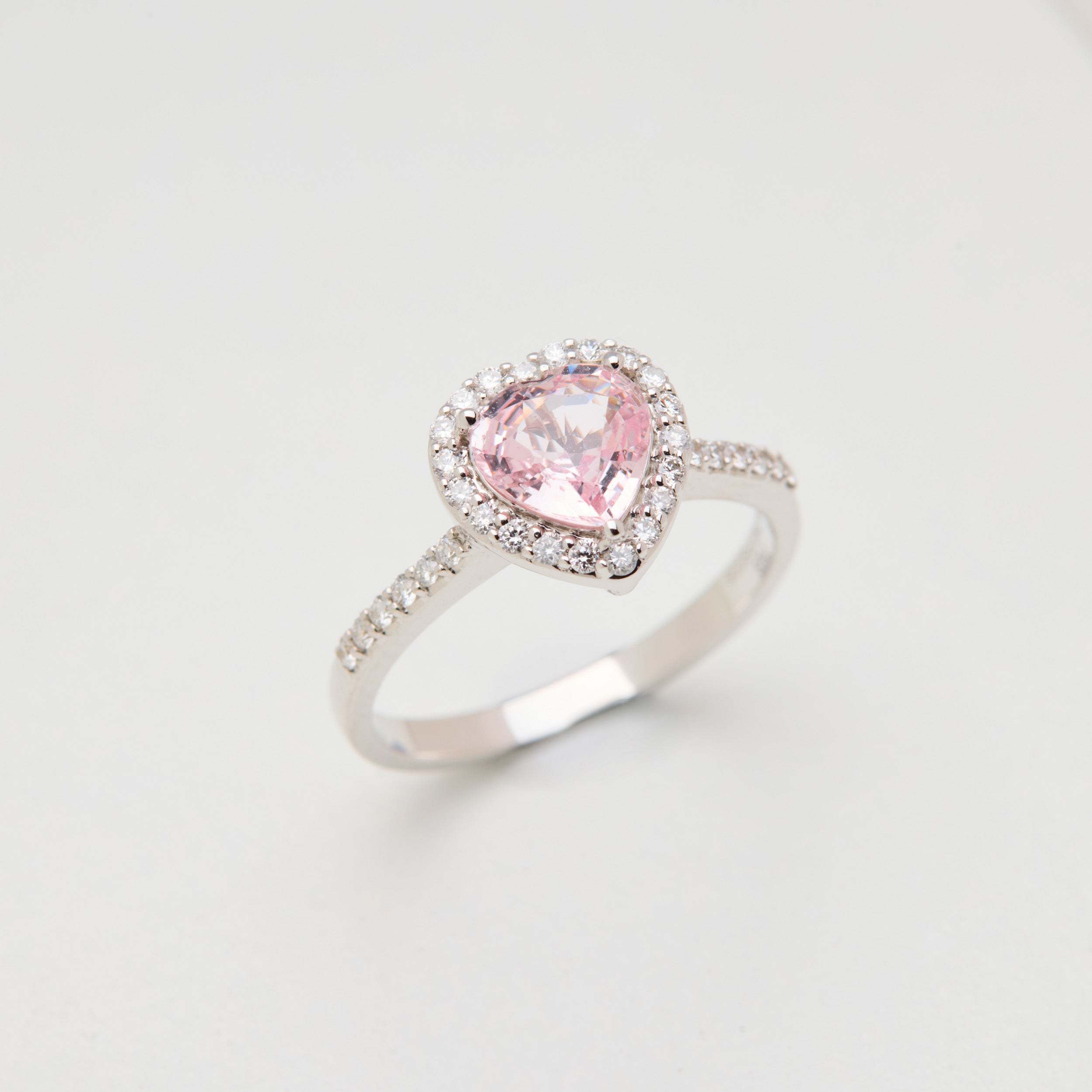 Detail of heart-shaped peach sapphire in Rainbow Heart ring
