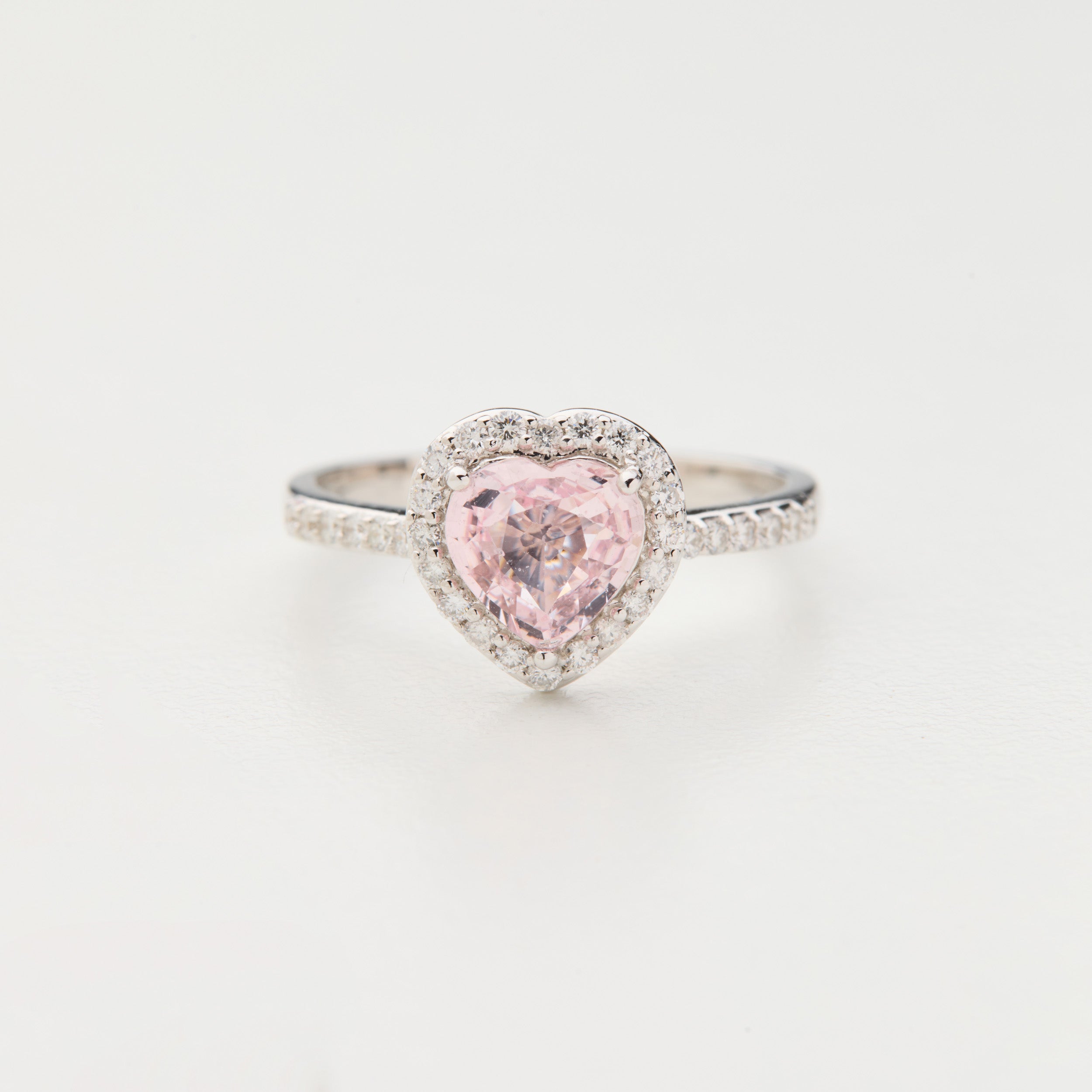 Rainbow Heart ring with heart-shaped unheated peach sapphire and diamond halo