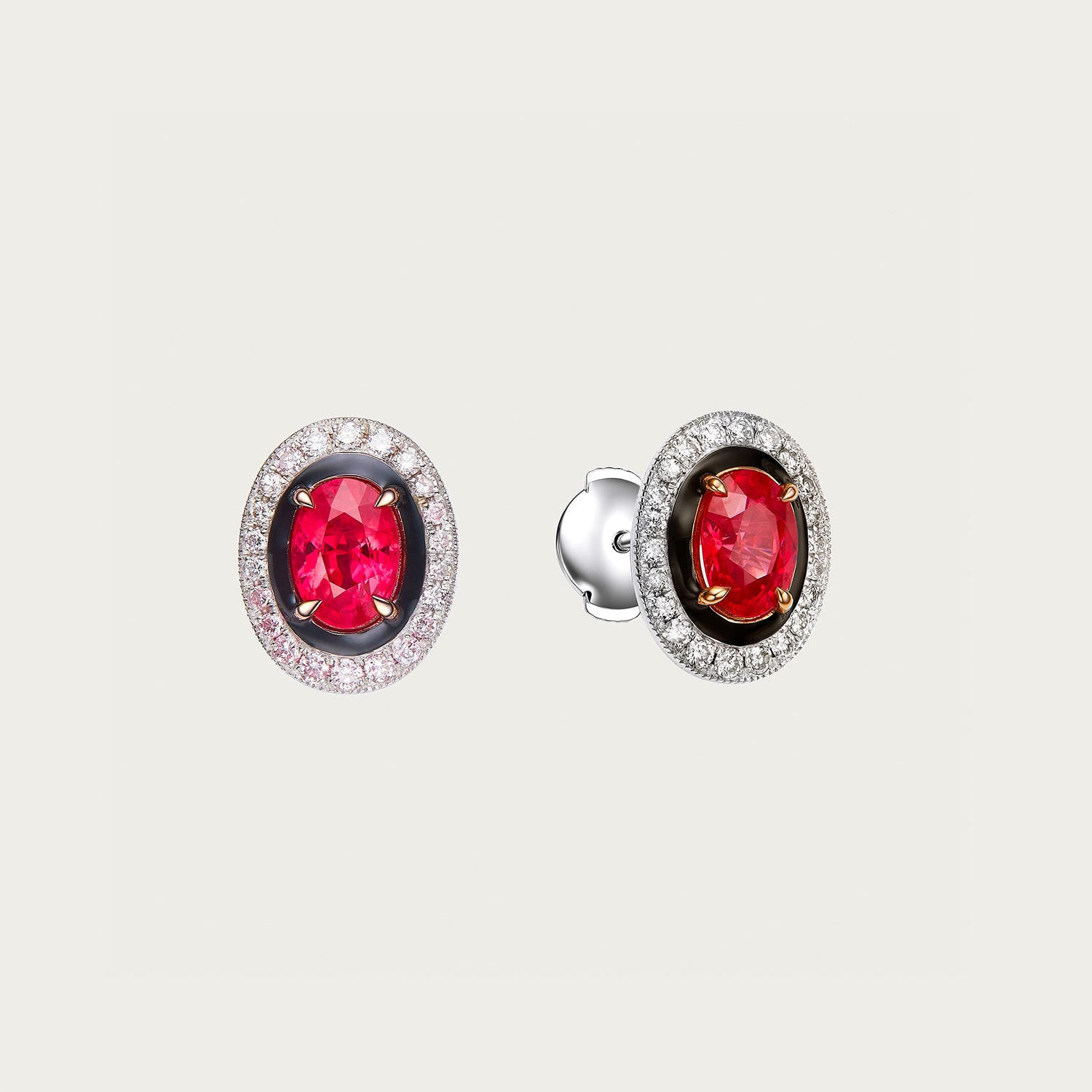 Detail view of ruby and diamond halo earrings from Galaxy Orbit collection