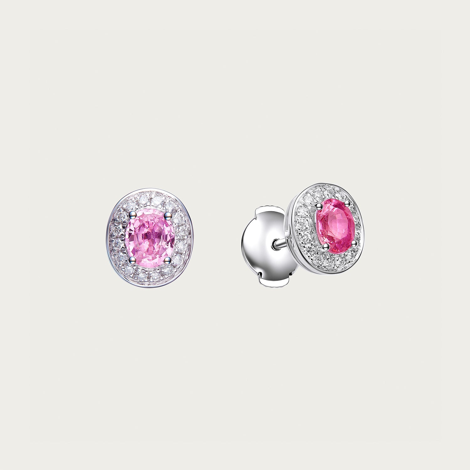 Detail view of Padparadscha pink sapphire earrings from Aura Field collection