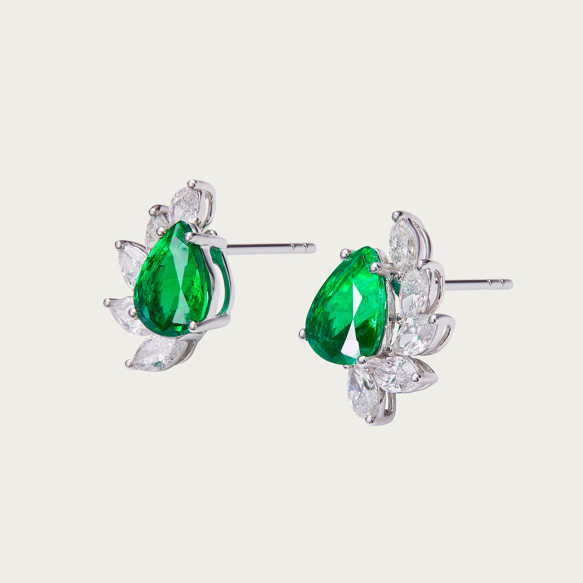 New Leaves  — Zambia Emerald & Diamond Earrings, 18K White Gold